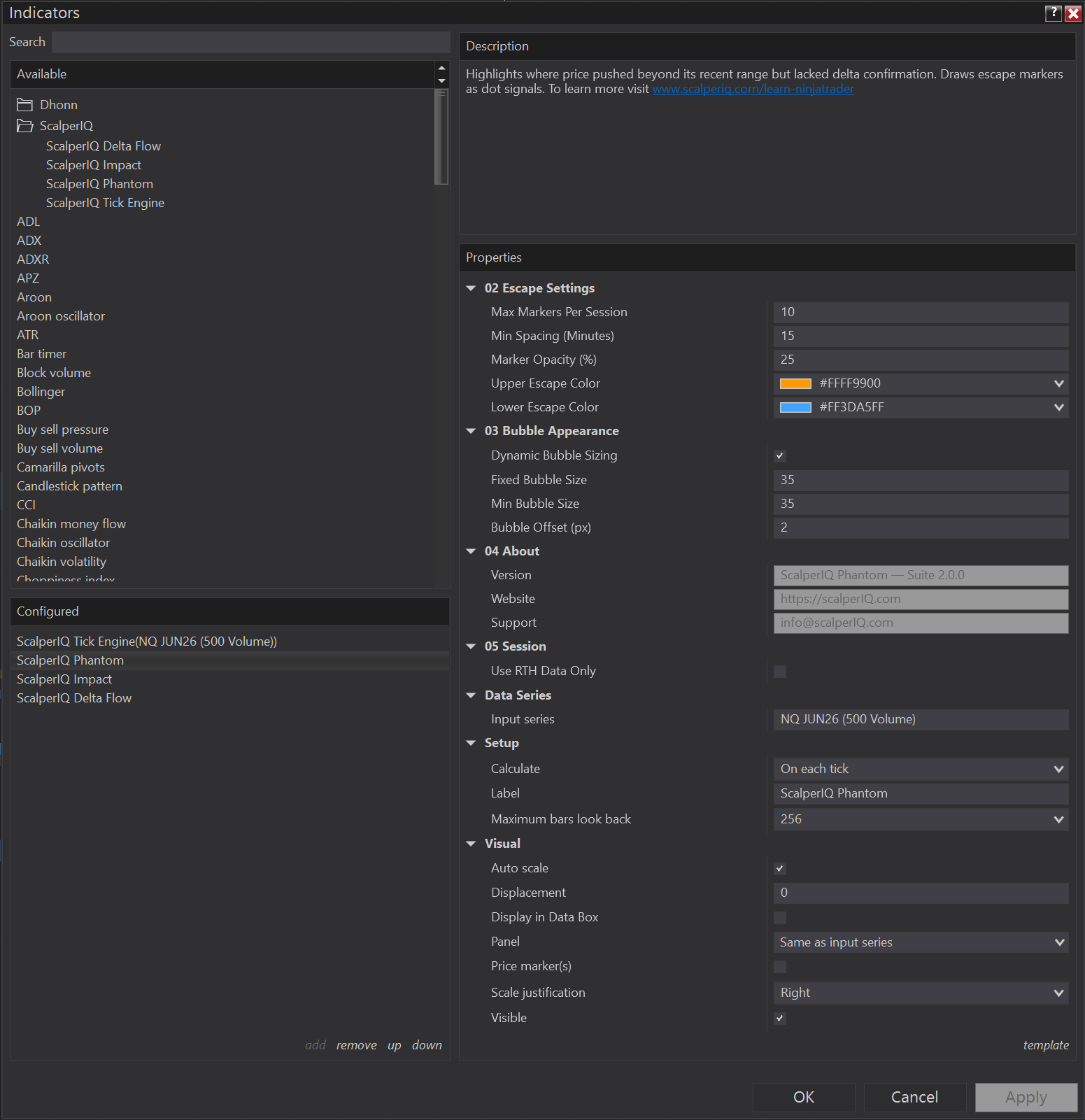 Phantom indicator settings
