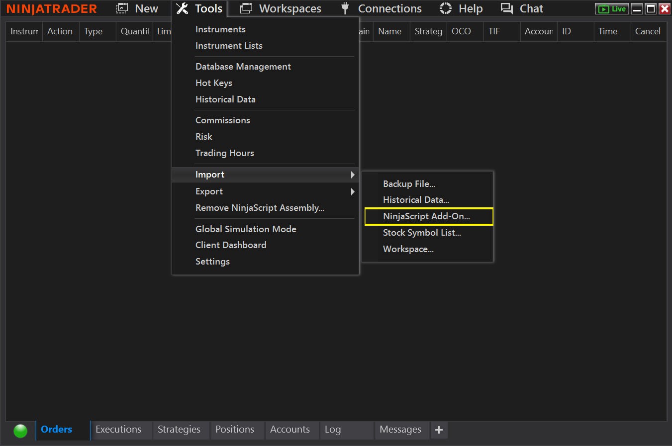 NinjaTrader — Tools > Import > NinjaScript Add-On