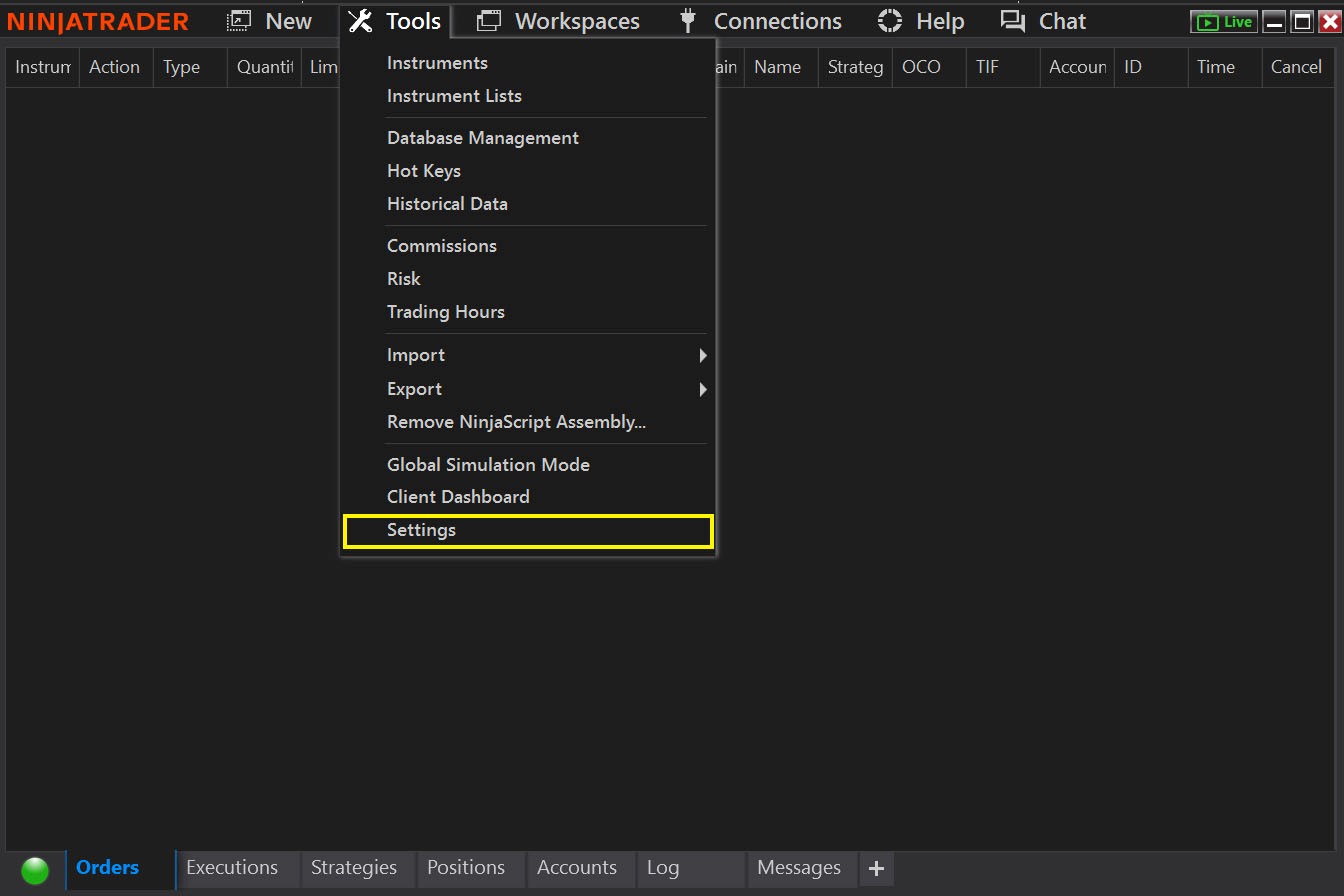 NinjaTrader settings